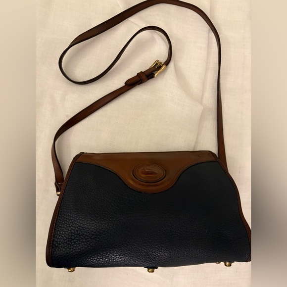 Vintage Dooney & Bourke AWL Crossbody Bag Navy British Tan Duck Logo Solid Brass - Picture 15 of 17